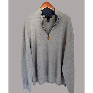 Bloomingdales Mens Gray 1/4 Zip Sweater XXL Genuine Leather Trim Cotton
